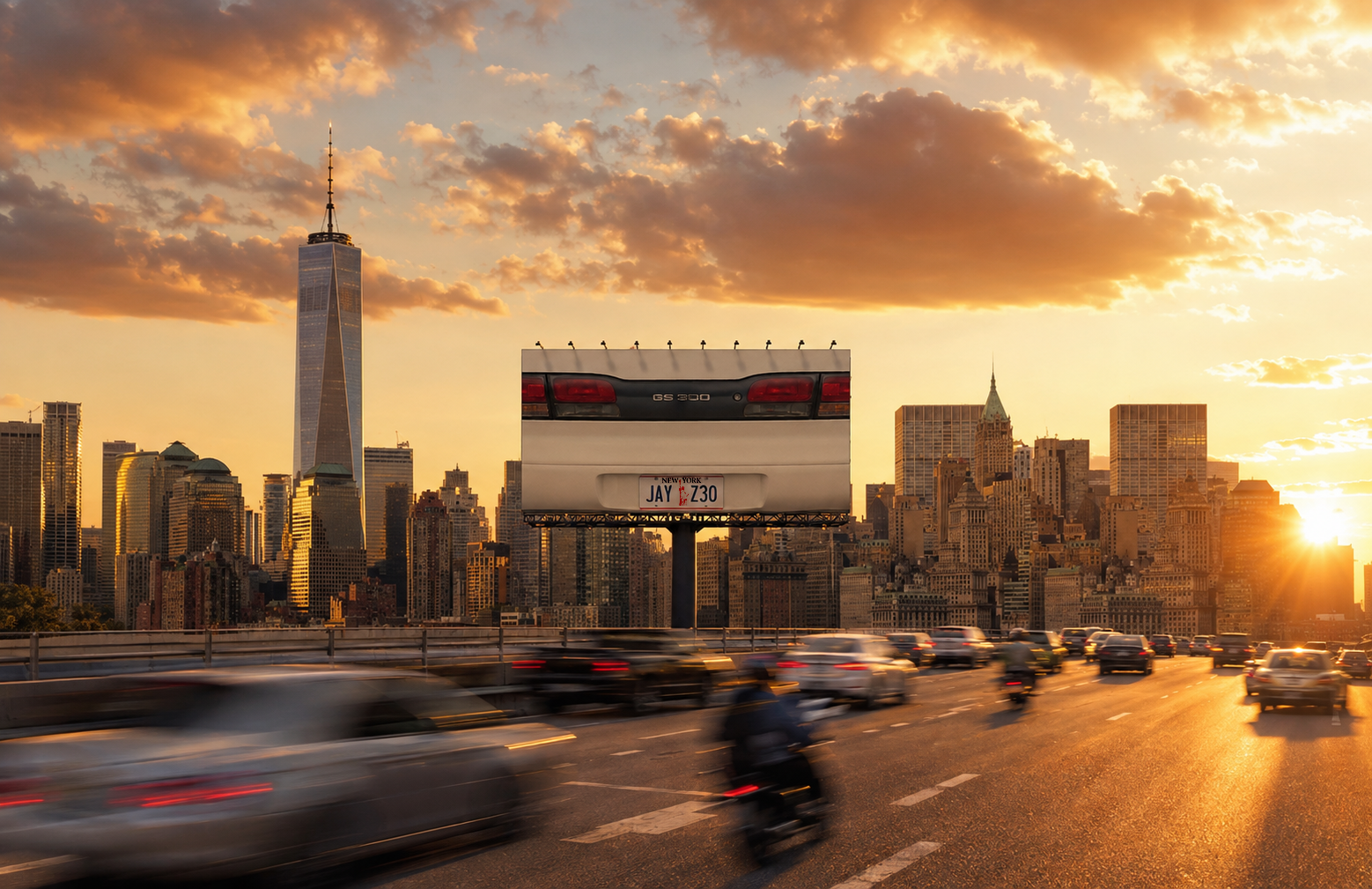 JAY-Z 30 billboard on a New York highway, styled as a car with a NEW YORK JAY Z30 license plate
