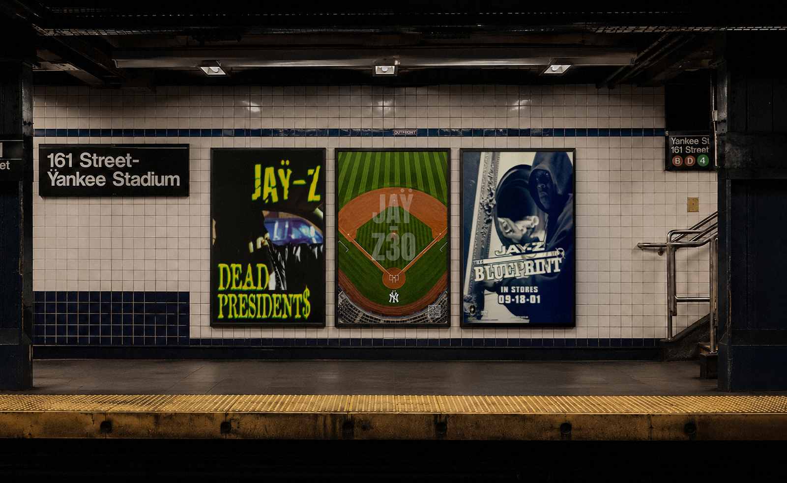 JAY-Z 30 billboard on a New York highway, styled as a car with a NEW YORK JAY Z30 license plate